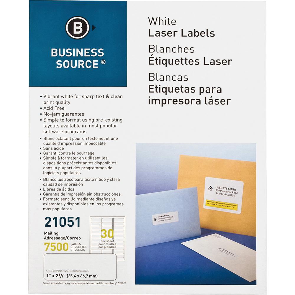 Business Source Bright White Premium-quality Address Labels - 1" Width x 2 5/8" Length - Permanent Adhesive - Rectangle - Laser, Inkjet - White - 30 / Sheet - 250 Total Sheets - 7500 / Pack - Jam-free. Picture 1