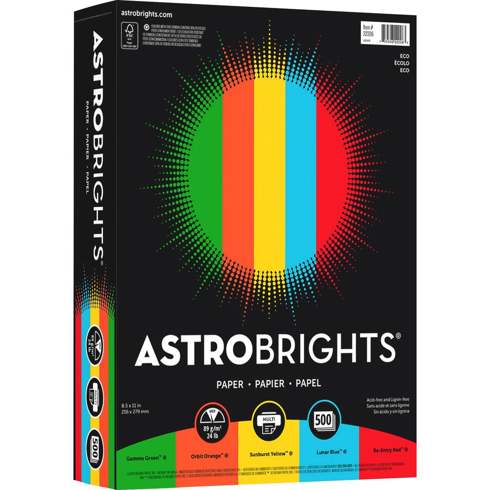 Astrobrights Color Paper - Assorted - Letter - 8 1/2" x 11" - 24 lb Basis Weight - 500 / Ream - Green Seal - Acid-free, Lignin-free - Gamma Green, Re-entry Red, Orbit Orange, Sunburst Yellow. Picture 1