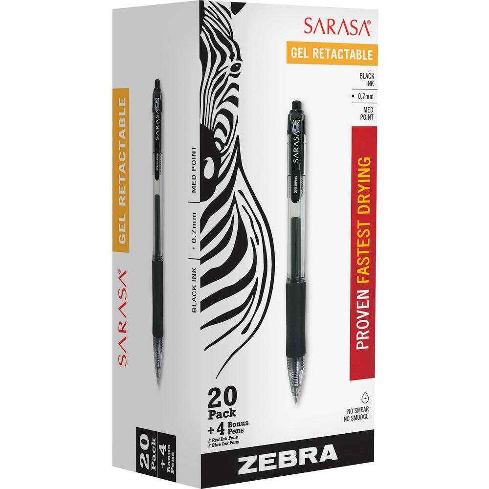 Zebra Sarasa Dry X20 Retractable Gel Pen - 0.7mm Medium Pen Point - Retractable - Black Pigment-based Ink - Translucent Barrel - 20 + 4 / Pack. Picture 1