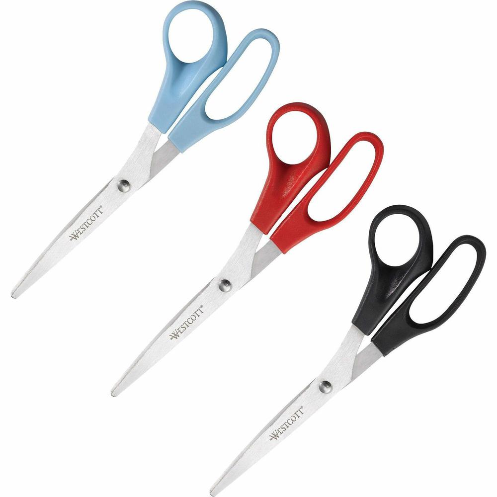 Westcott 8" All Purpose Straight Scissors - 8" Overall Length - Straight-left/right - Stainless Steel - Assorted - 3 / Pack. Picture 1