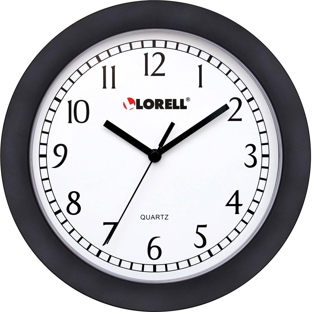 Lorell 9" Round Profile Wall Clock - Analog - Quartz - White Main Dial - Black/Plastic Case. Picture 1