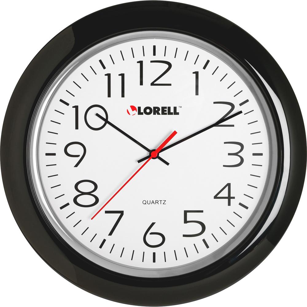Lorell 13-1/4" Round Quartz Wall Clock - Analog - Quartz - White Main Dial - Black/Plastic Case. Picture 1