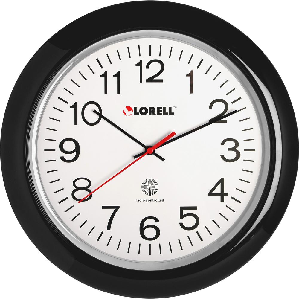Lorell 13-1/4" Radio-Controlled Wall Clock - Analog - Quartz - White Main Dial - Black/Plastic Case. Picture 1
