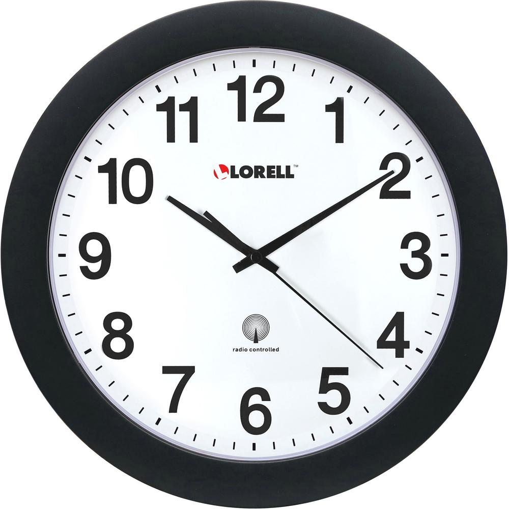 Lorell 12" Round Radio-Controlled Wall Clock - Analog - Quartz - White Main Dial - Black/Plastic Case. Picture 1