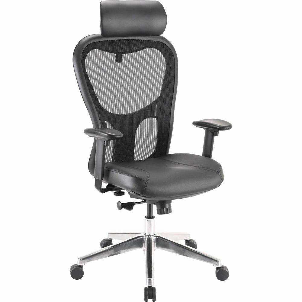 Lorell High Back Executive Chair - Black Leather Seat - Aluminum Frame - 5-star Base - 1 Each. Picture 1