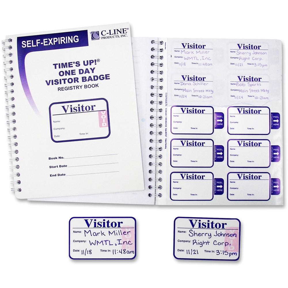 C-Line Time's Up! Self-Expiring Visitor Badges with Registry Log - One Day Badge, 3 x 2 Badge Size, 150 Badges and Log Book/BX, 97009. Picture 1