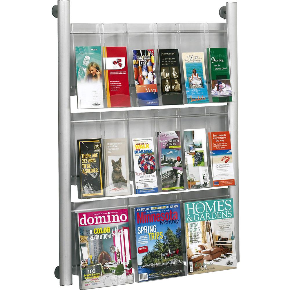 Safco Luxe 9 Pocket Magazine Wall Rack - 9 x Magazine, 18 - 9 Pocket(s) - 9 Compartment(s) - 9 Divider(s) - 41" Height x 31.8" Width x 5" Depth - Floor - Acrylic, Aluminum - 1 Each. Picture 1
