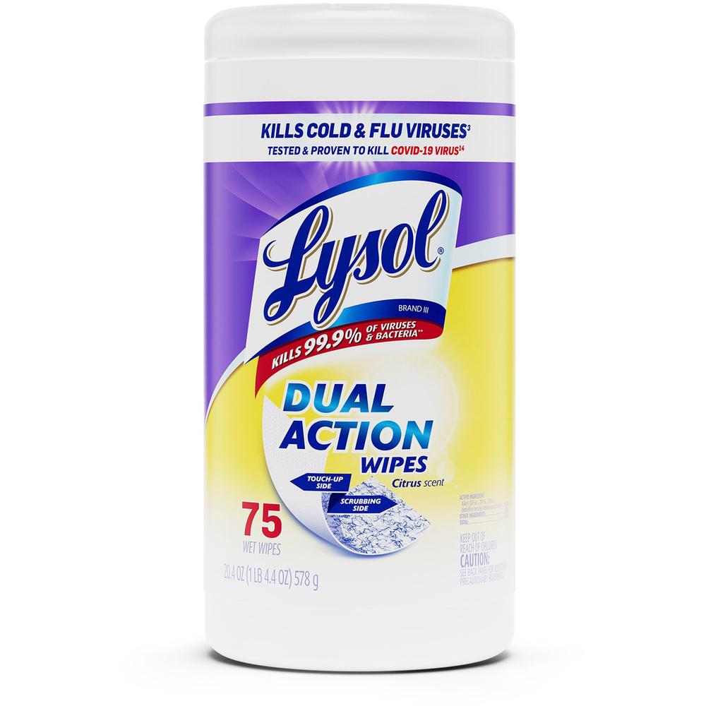 Lysol Dual Action Wipes - For Multipurpose - Citrus Scent - 7" Length x 7.25" Width - 75 / Canister - 1 Each - Pre-moistened, Anti-bacterial - White/Purple. Picture 1
