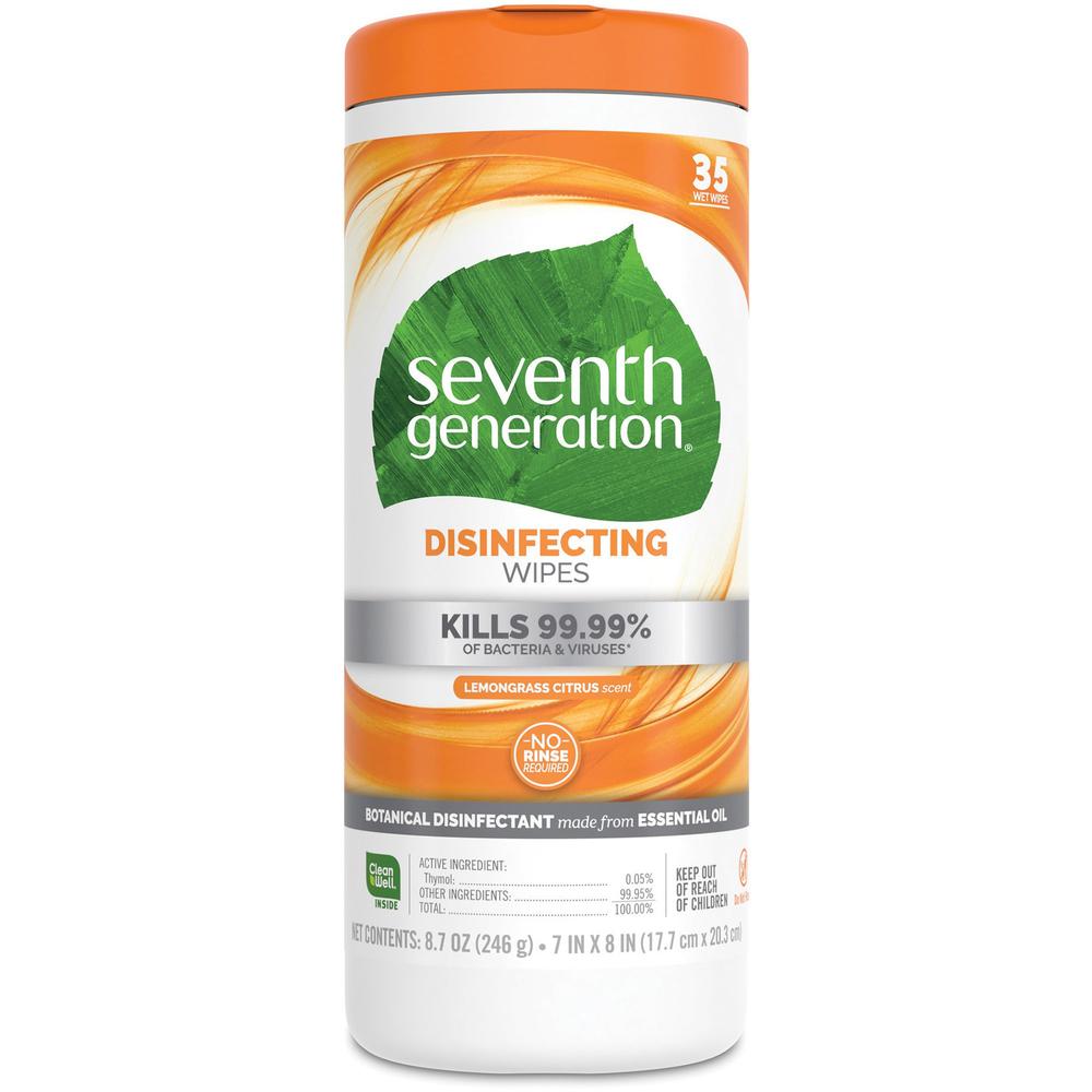 Seventh Generation Disinfecting Cleaner - Wipe - Lemongrass Citrus Scent - 7" Width x 8" Length - 35 / Canister - 35 / Each. The main picture.