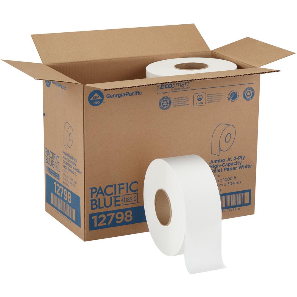Pacific Blue Basic Jumbo Jr. High-Capacity Toilet Paper - 2 Ply - 3.50" x 1000 ft - White - Fiber - 8 / Carton. Picture 1