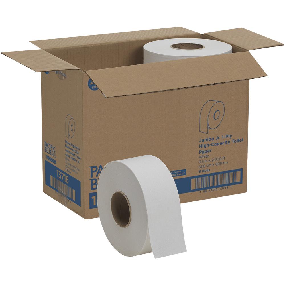 Pacific Blue Basic Jumbo Jr. High-Capacity Toilet Paper - 1 Ply - 3.50" x 2000 ft - 3.30" Roll Diameter - White - 8 / Carton. Picture 1