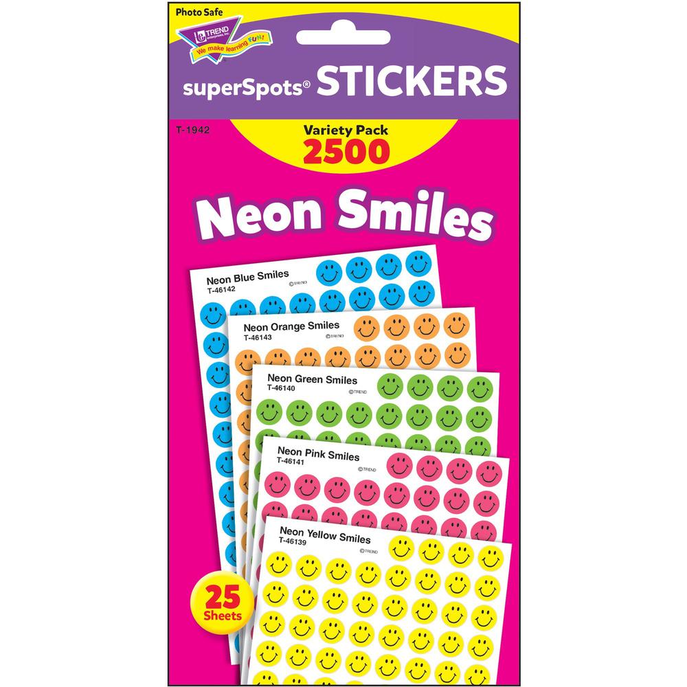 Trend superSpots Neon Smiles Stickers Variety Pack - Acid-free, Non-toxic - Neon Green, Neon Yellow, Neon Orange, Neon Blue, Neon Pink - 2500 / Pack. The main picture.