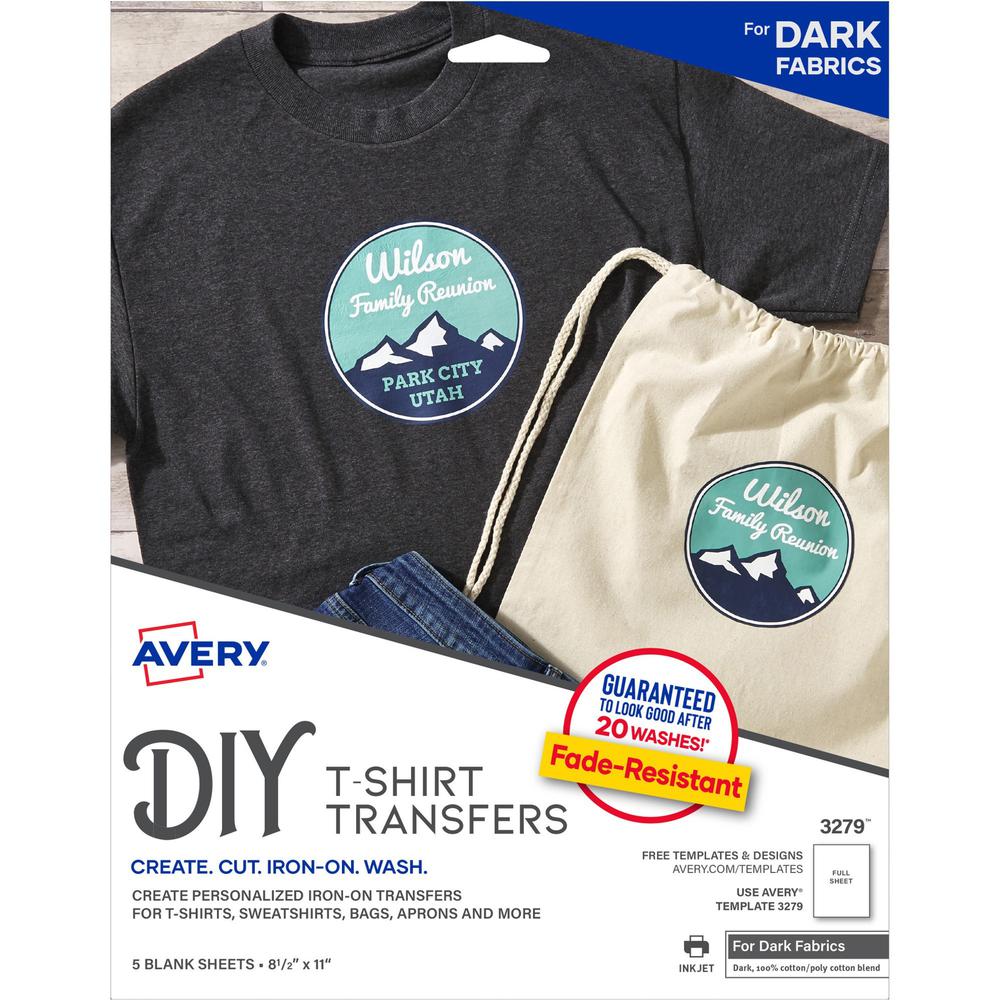 Avery&reg; Heat Transfers for Dark Fabric, 8.5" x 11" , 5 Sheets (3279) - Letter - 8 1/2" x 11" - Matte - 5 / Pack. Picture 1