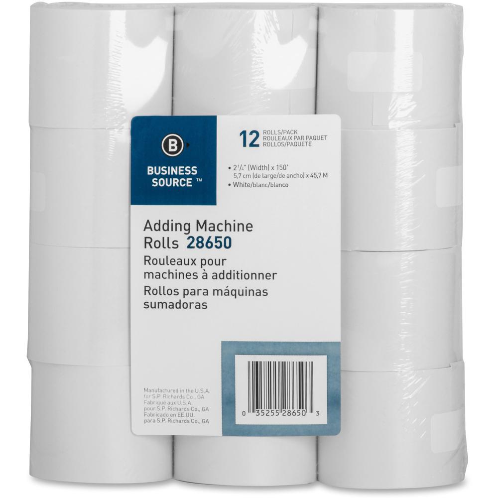Business Source 150' Adding Machine Rolls - 2 1/4" x 150 ft - 12 / Pack - Sustainable Forestry Initiative (SFI) - Lint-free - White. Picture 1