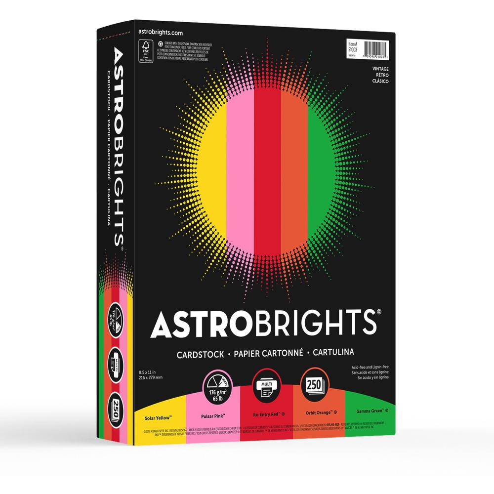 Astrobrights Colored Cardstock - "Vintage" 5-Color Assortment - Letter - 8 1/2" x 11" - 65 lb Basis Weight - 250 / Pack - Acid-free, Lignin-free - Solar Yellow, Pulsar Pink, Re-entry Red, Orbit Orange. Picture 1