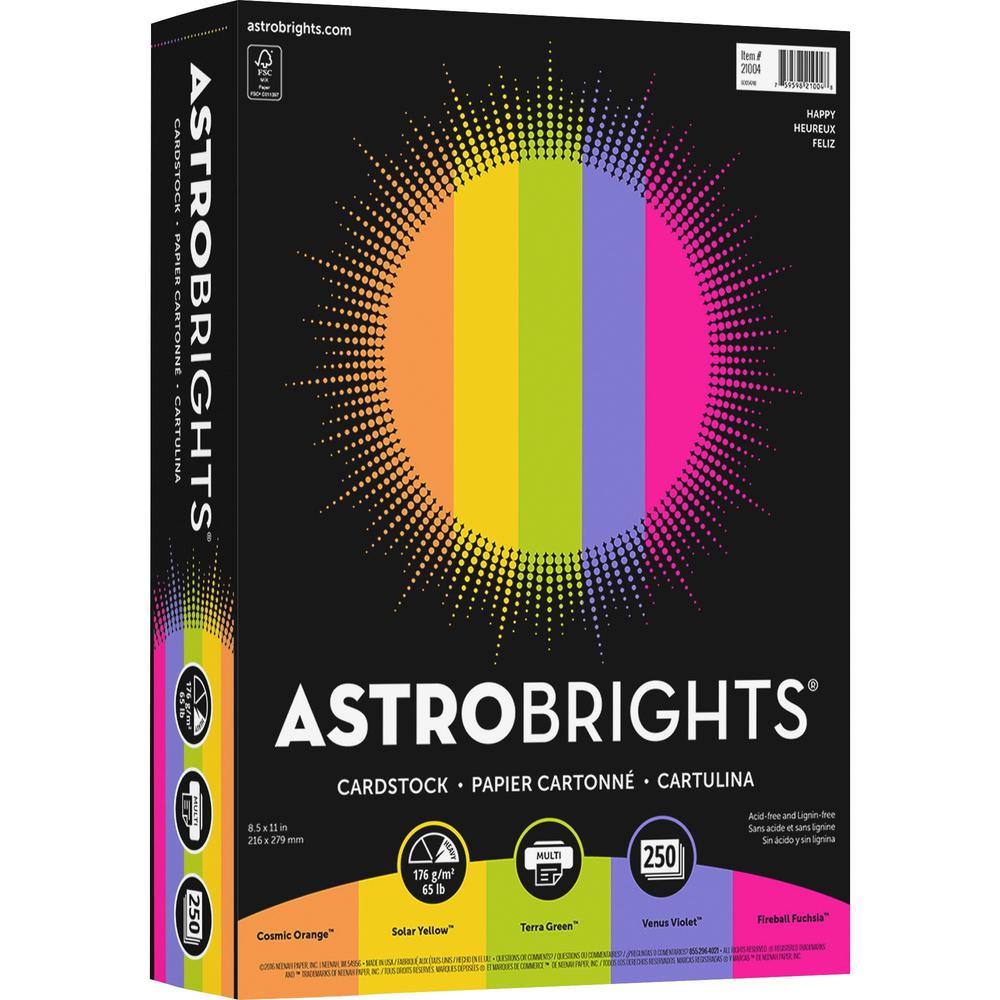Astrobrights Color Card Stock "Happy" , 5 Assorted Colours - Letter - 8 1/2" x 11" - 65 lb Basis Weight - 250 / Pack - Acid-free, Lignin-free - Cosmic Orange, Solar Yellow, Terra Green, Venus Violet, . Picture 1