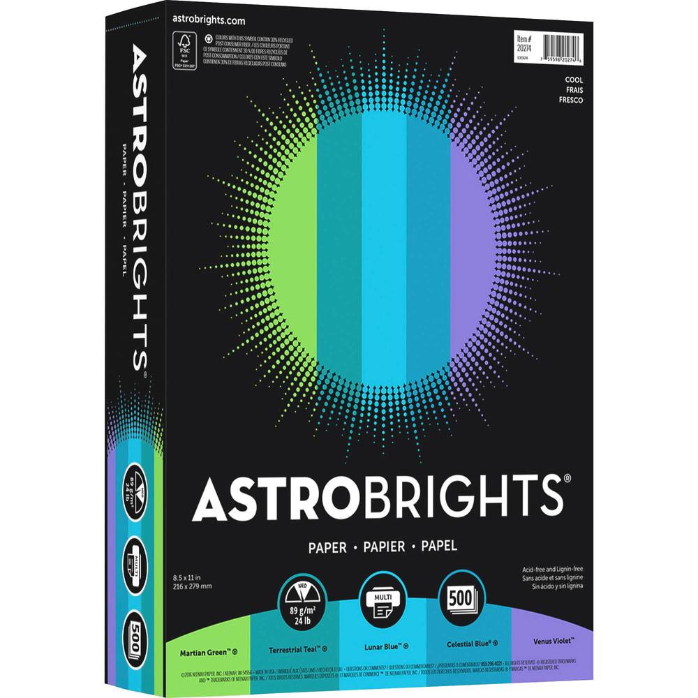 Astrobrights Color Copy Paper - "Cool" , 5 Assorted Colours - Letter - 8 1/2" x 11" - 24 lb Basis Weight - 500 / Ream - Acid-free, Lignin-free - Martian Green, Terrestrial Teal, Lunar Blue, Celestial . Picture 1