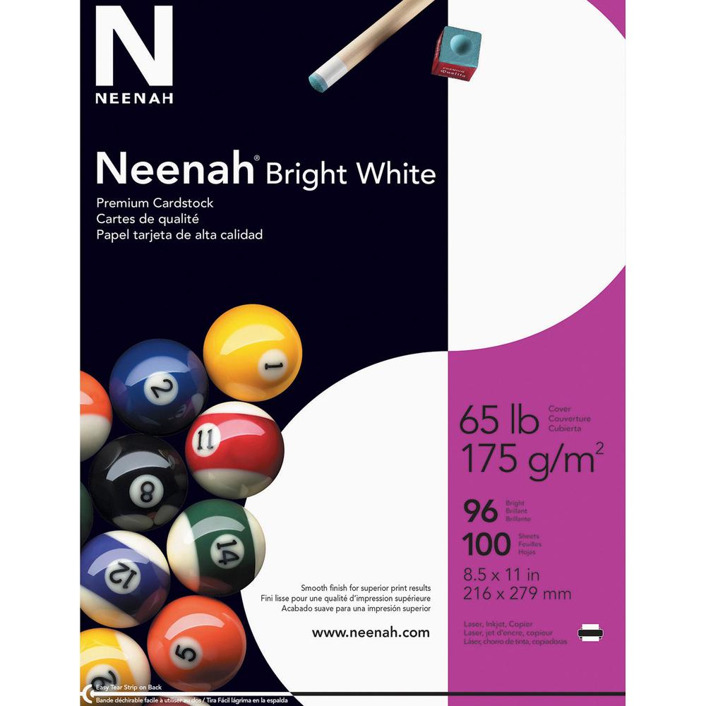 Neenah Bright White Cardstock - Letter - 8 1/2" x 11" - 65 lb Basis Weight - Smooth - 100 / Pack - Acid-free, Lignin-free - Bright White. Picture 1