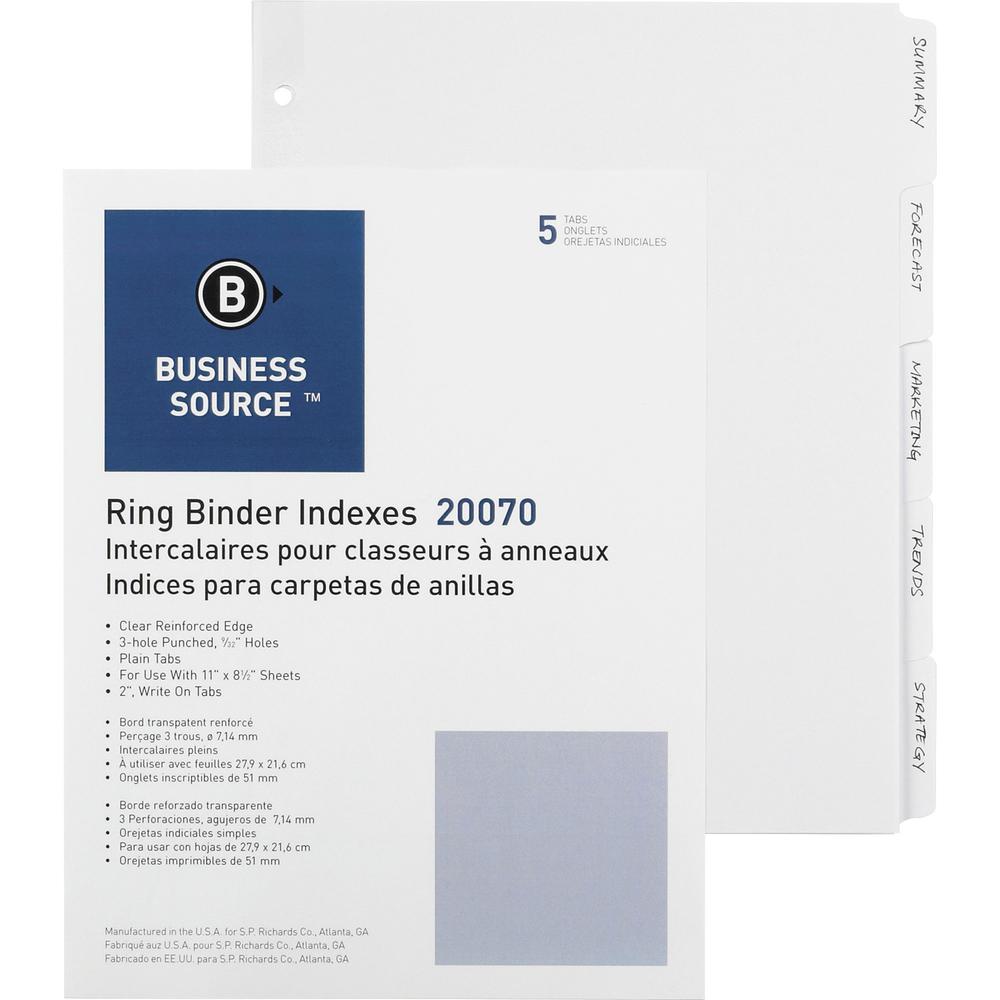 Business Source 3-Ring Plain Tab Indexes - 5 Write-on Tab(s)2" Tab Width - 8.5" Divider Width x 11" Divider Length - Letter - 3 Hole Punched - White Divider - 100 / Box. Picture 1