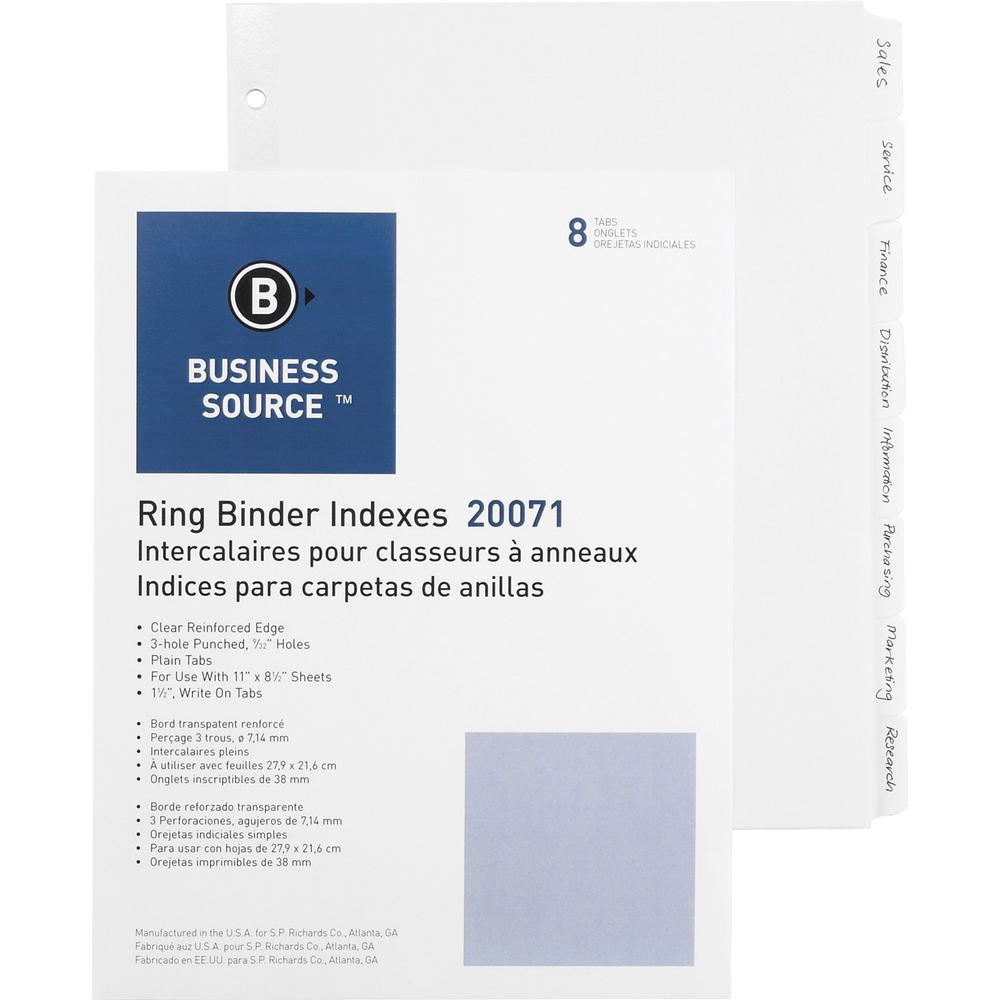 Business Source 3-Ring Plain Tab Indexes - 8 Write-on Tab(s)1.25" Tab Width - 8.5" Divider Width x 11" Divider Length - Letter - 3 Hole Punched - White Divider - Recycled - Punched, Mylar Reinforced E. Picture 1