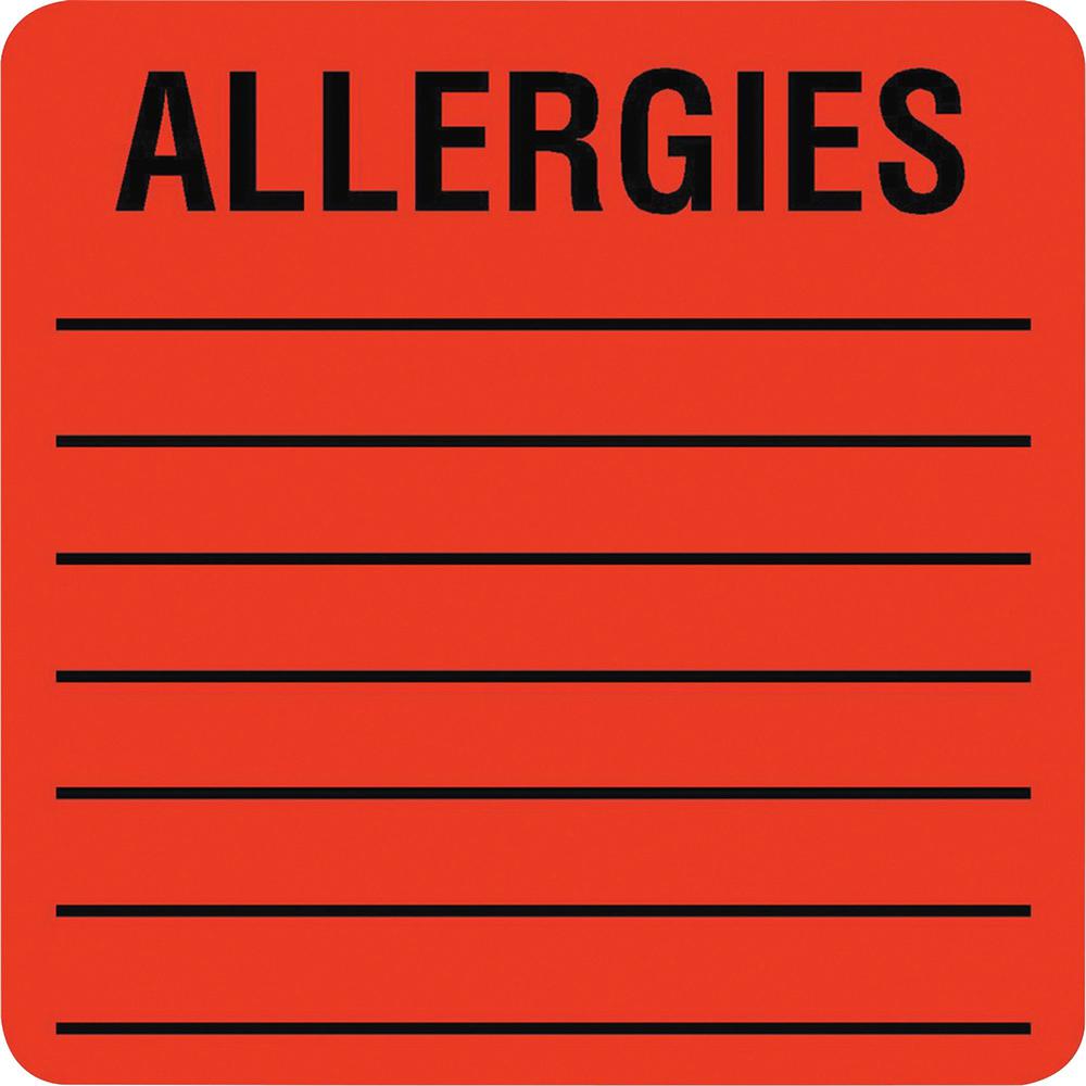 Tabbies Square ALLERGIES Labels - 2" Width x 2" Length - Permanent Adhesive - Square - Fluorescent Red - 500 / Roll - 500 / Roll. The main picture.