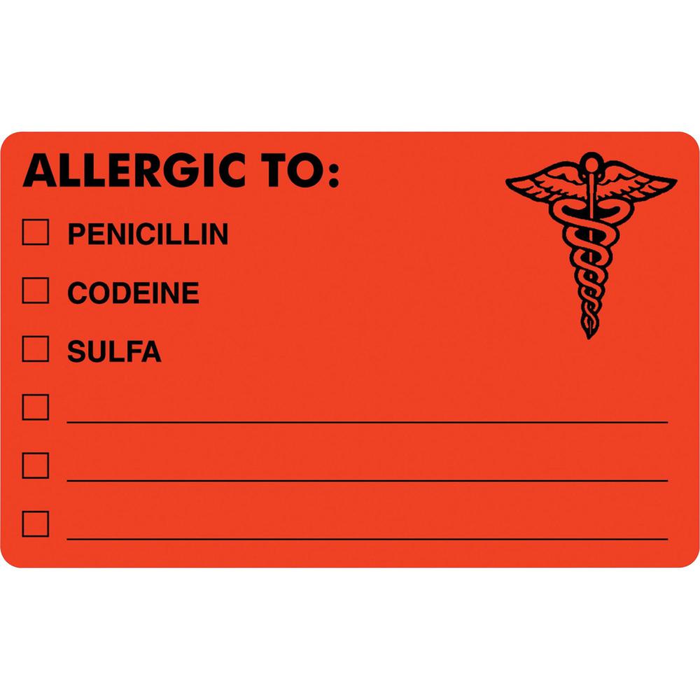 Tabbies ALLERGIC TO Medical Allergy Label - 4" Width x 2" Length - Permanent Adhesive - Rectangle - Fluorescent Red - 100 / Roll - 100 / Roll - Self-adhesive. Picture 1