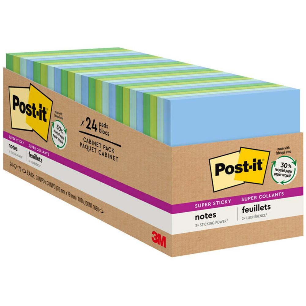 Post-it&reg; Super Sticky Notes Cabinet Pack - Oasis Color Collection - 1680 - 3" x 3" - Square - 70 Sheets per Pad - Unruled - Washed Denim, Fresh Mint, Limeade, Lucky Green - Paper - Repositionable,. Picture 1