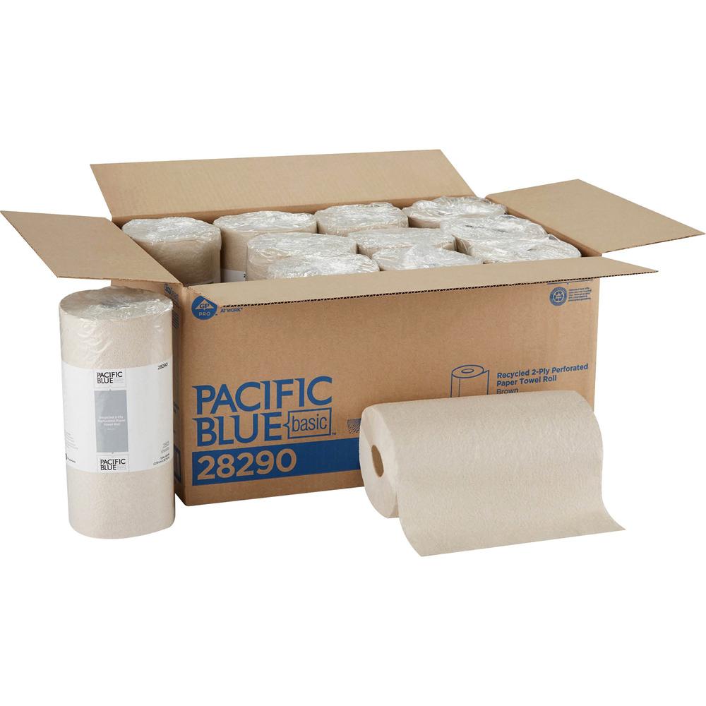 Pacific Blue Basic Recycled Perforated Paper Roll Towel - 2 Ply - 11" x 8.80" - 250 Sheets/Roll - Brown - Perforated, Absorbent, Easy Tear - For Food Service, Healthcare, Laboratory, Kitchen - 250 - 3. Picture 1