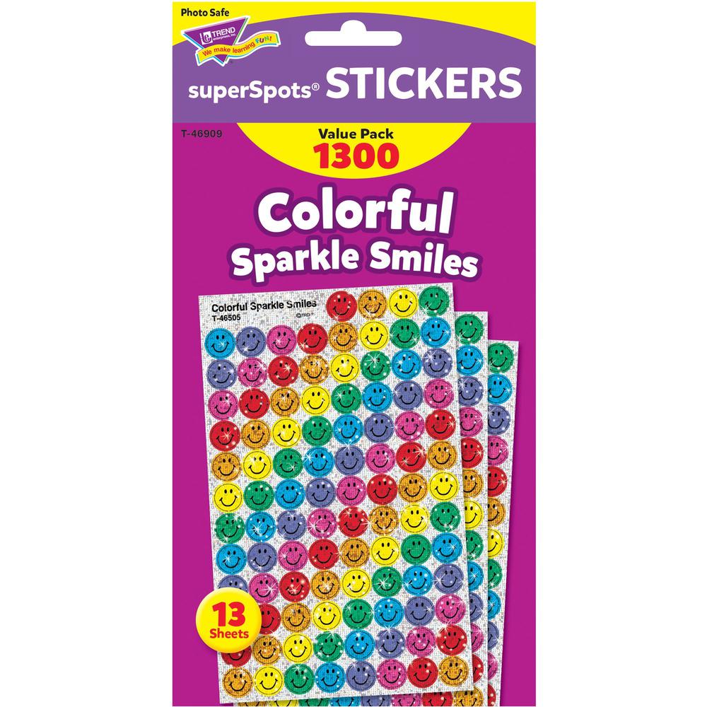 Trend SuperSpots Variety Pack Stickers - 1300 x Smilies Shape - Self-adhesive - Acid-free, Non-toxic, Photo-safe - Assorted - 1300 / Pack. Picture 1