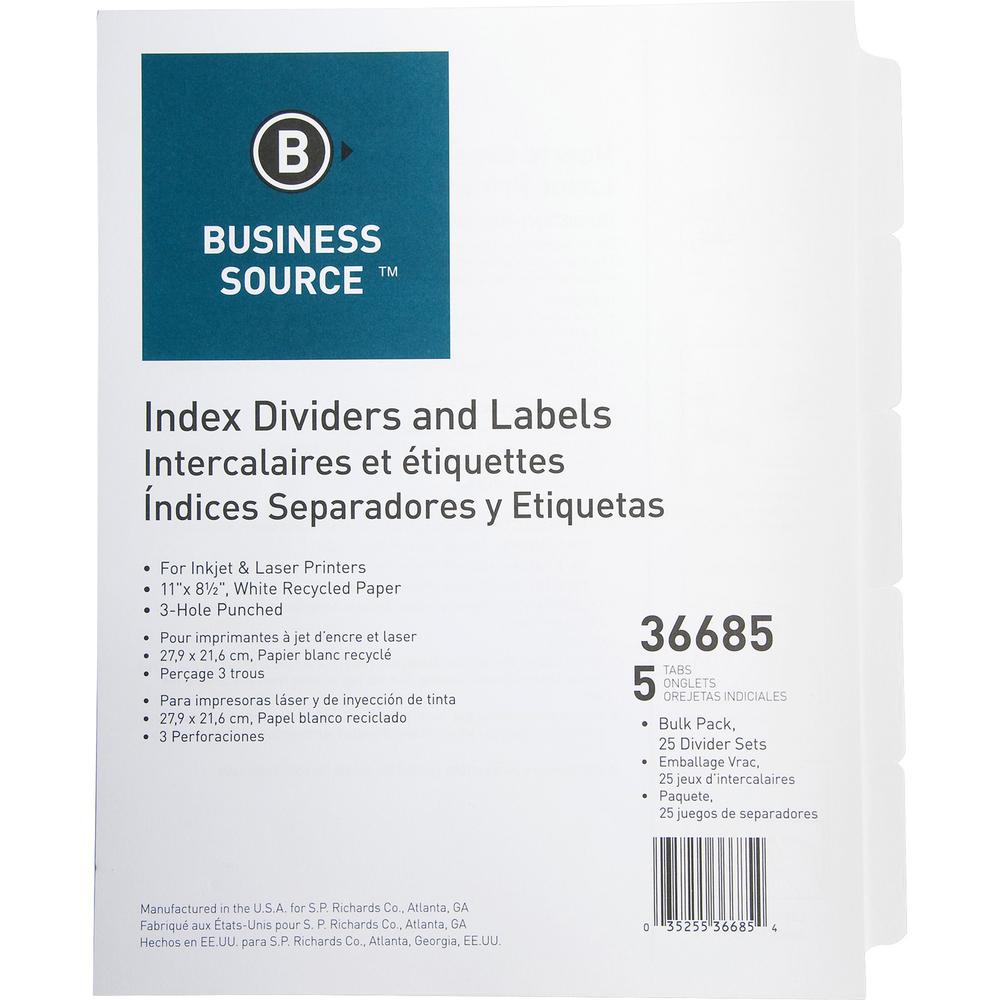 Business Source Punched Laser Index Dividers - 5 Blank Tab(s) - 8.5" Divider Width x 11" Divider Length - Letter - 3 Hole Punched - White Paper Divider - White Tab(s) - Recycled - Mylar Reinforcement,. Picture 1
