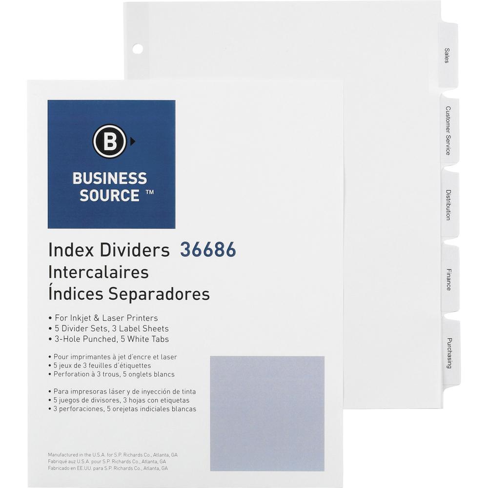 Business Source Punched Tabbed Laser Index Dividers - 5 Blank Tab(s) - 11" Divider Width - 3 Hole Punched - White Paper Divider - White Tab(s) - Recycled - Mylar Reinforcement, Reinforced, Punched - 5. Picture 1