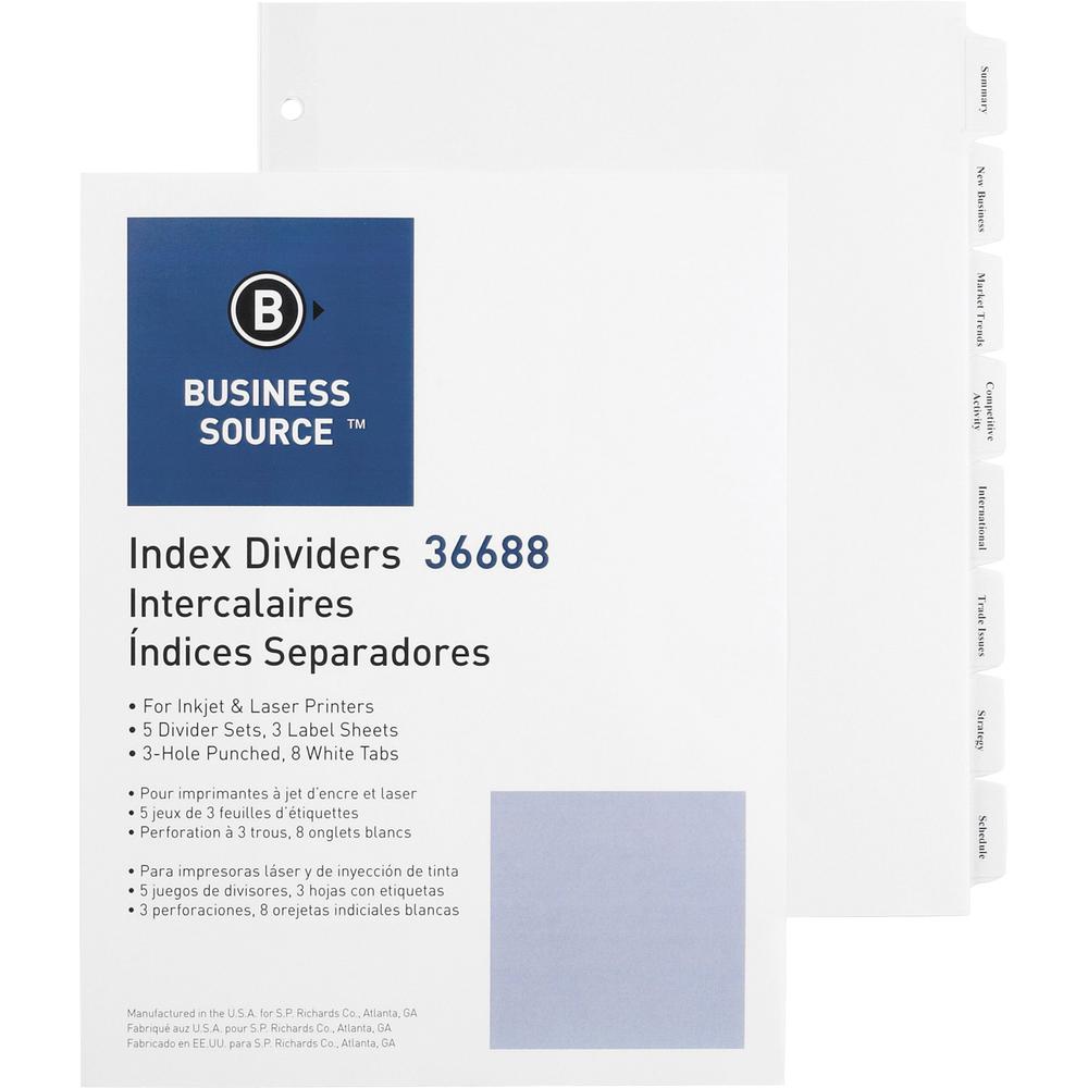 Business Source Punched Tabbed Laser Index Dividers - 8 Blank Tab(s) - 8.5" Divider Width x 11" Divider Length - Letter - 3 Hole Punched - White Paper Divider - White Tab(s) - 5 / Pack. Picture 1