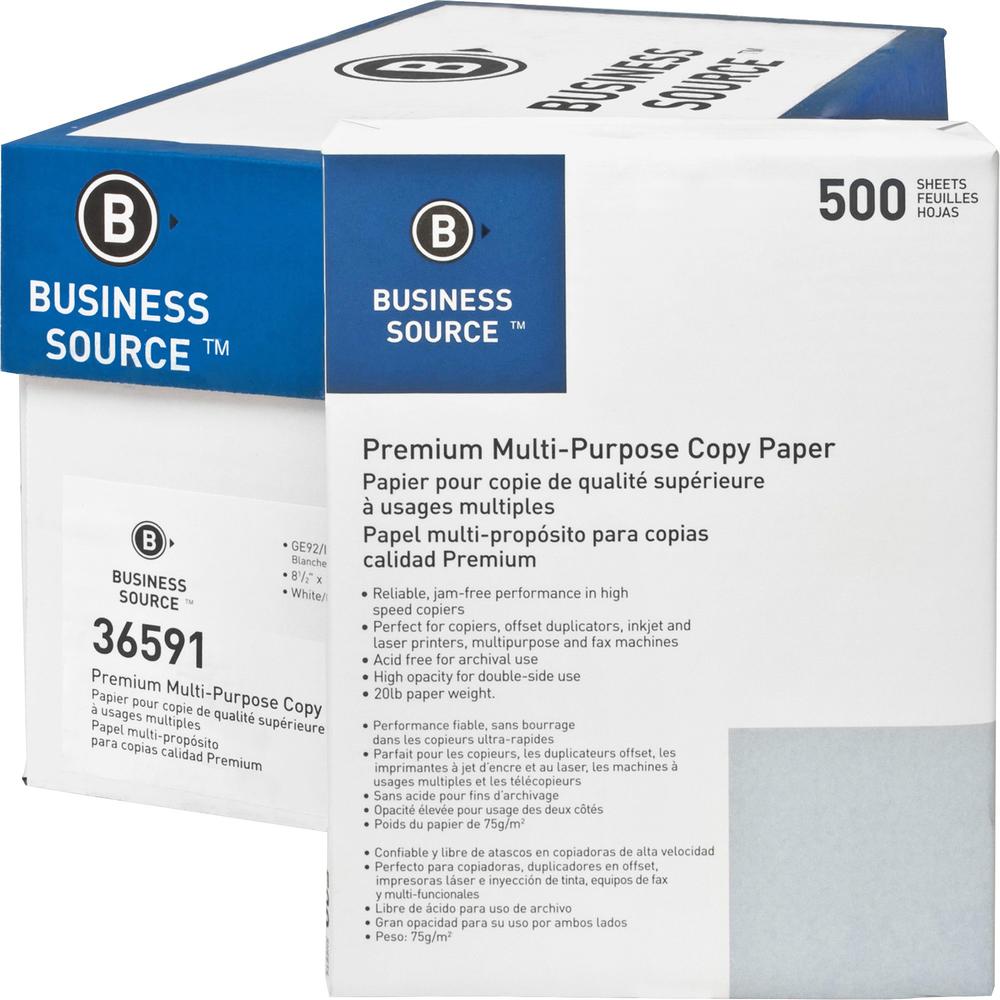 Business Source Multipurpose Copy Paper - 92 Brightness - Letter - 8 1/2" x 11" - 20 lb Basis Weight - 5000 / Carton - Acid-free - White. Picture 1