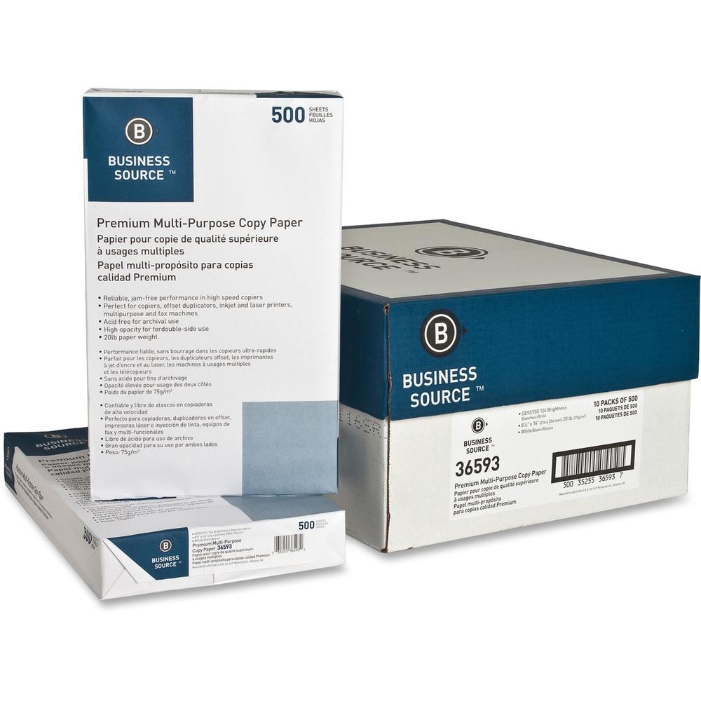 Business Source Premium Multipurpose Copy Paper - Legal - 8 1/2" x 14" - 20 lb Basis Weight - 5000 / Carton - White. The main picture.