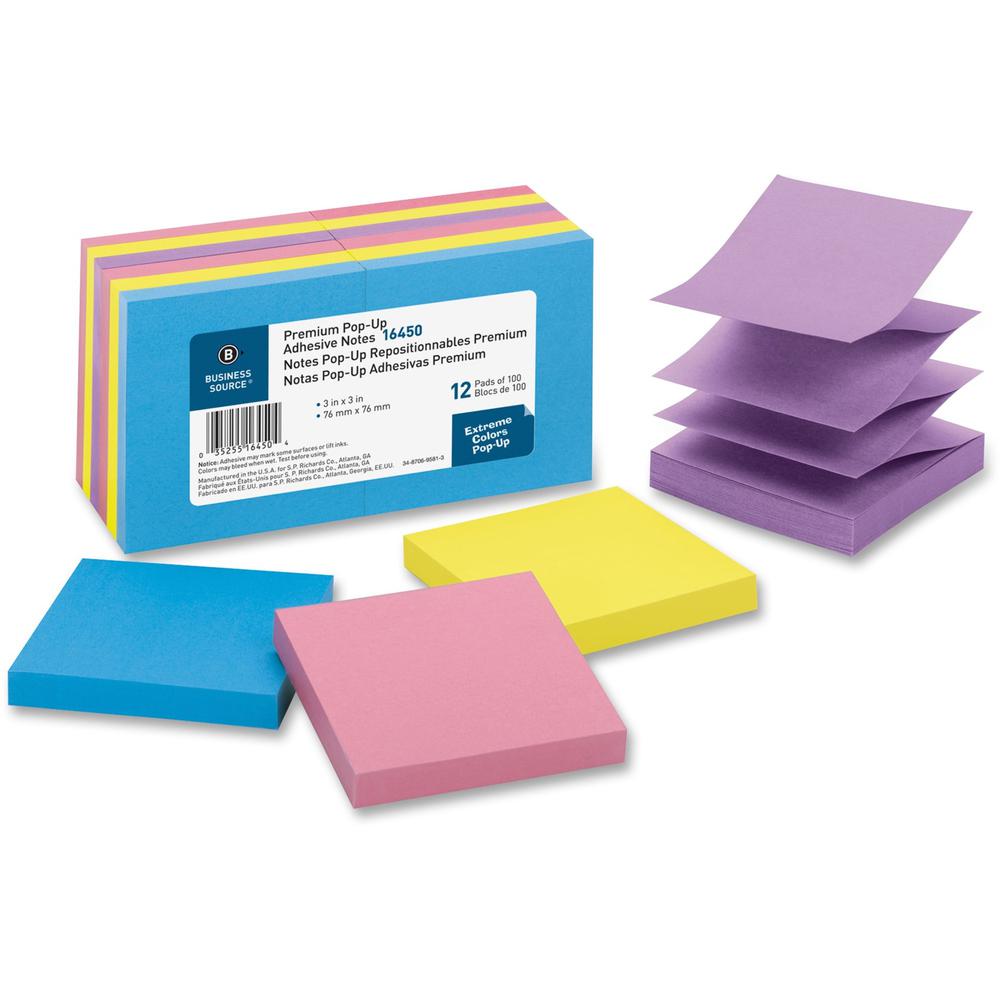 Business Source Reposition Pop-up Adhesive Notes - 3" x 3" - Square - Assorted - Removable, Repositionable, Solvent-free Adhesive - 12 / Pack. Picture 1