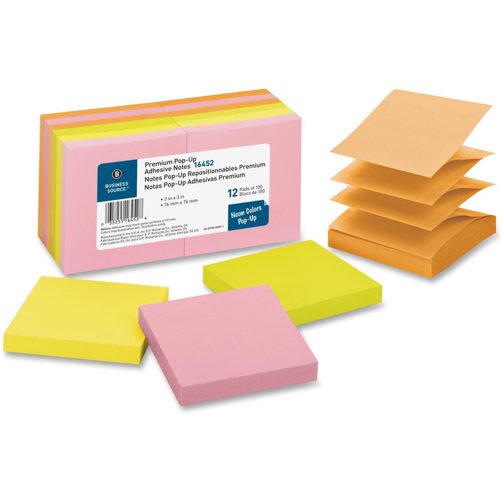 Business Source Reposition Pop-up Adhesive Notes - 3" x 3" - Square - Assorted Neon - Removable, Repositionable, Solvent-free Adhesive - 12 / Pack. Picture 1