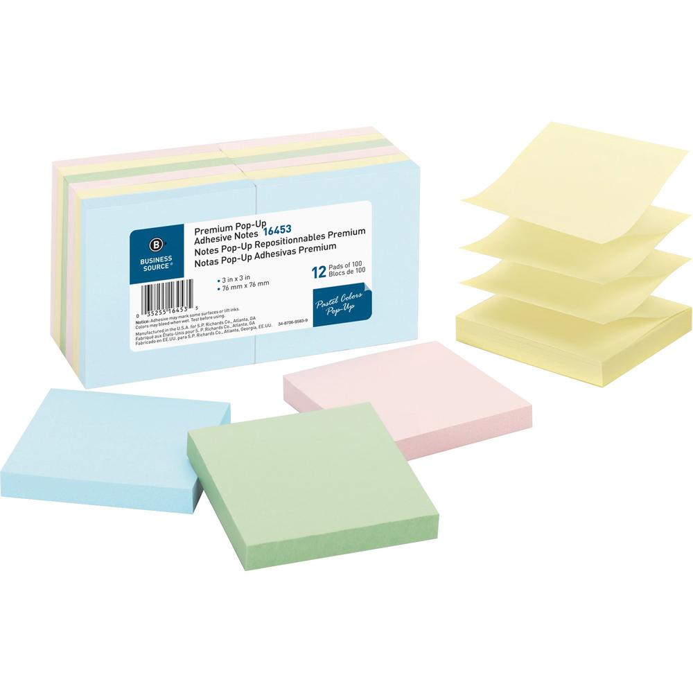 Business Source Reposition Pop-up Adhesive Notes - 3" x 3" - Square - Assorted Pastel - Removable, Repositionable, Solvent-free Adhesive - 12 / Pack. Picture 1
