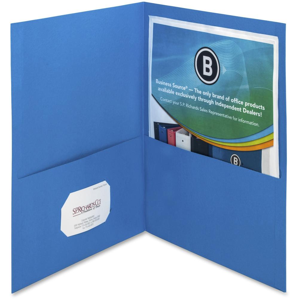 Business Source Letter Recycled Pocket Folder - 8 1/2" x 11" - 125 Sheet Capacity - 2 Inside Front & Back Pocket(s) - Paper - Blue - 35% Recycled - 25 / Box. Picture 1