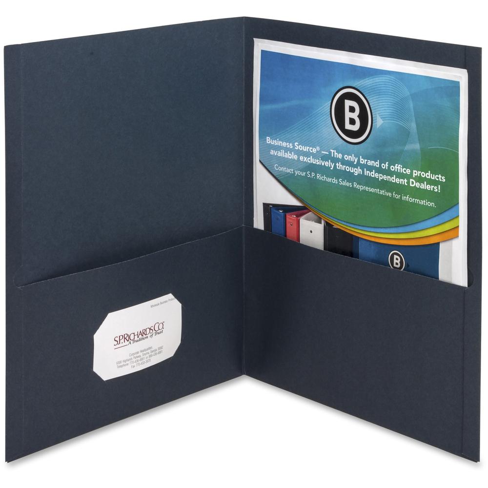 Business Source Letter Recycled Pocket Folder - 8 1/2" x 11" - 100 Sheet Capacity - 2 Inside Front & Back Pocket(s) - Paper - Dark Blue - 35% Recycled - 25 / Box. Picture 1