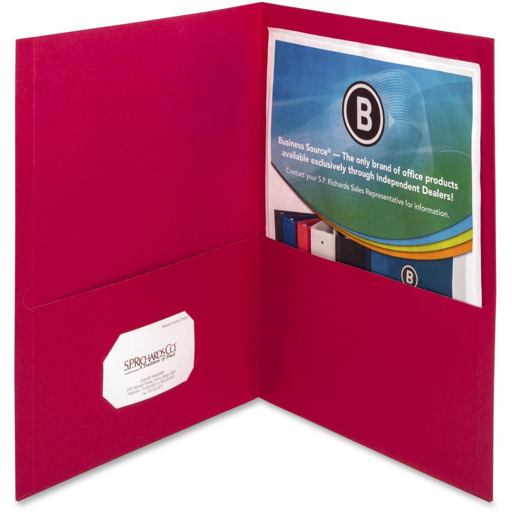 Business Source Letter Pocket Folder - 8 1/2" x 11" - 125 Sheet Capacity - 2 Inside Front & Back Pocket(s) - Paper - Red - 25 / Box. The main picture.