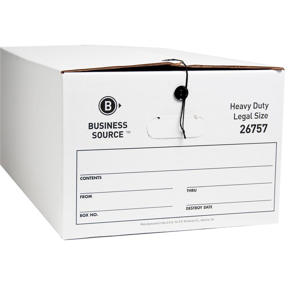 Business Source Heavy Duty Legal Size Storage Box - External Dimensions: 15" Width x 24" Depth x 10"Height - Media Size Supported: Legal - String/Button Tie Closure - Medium Duty - Stackable - White -. Picture 1