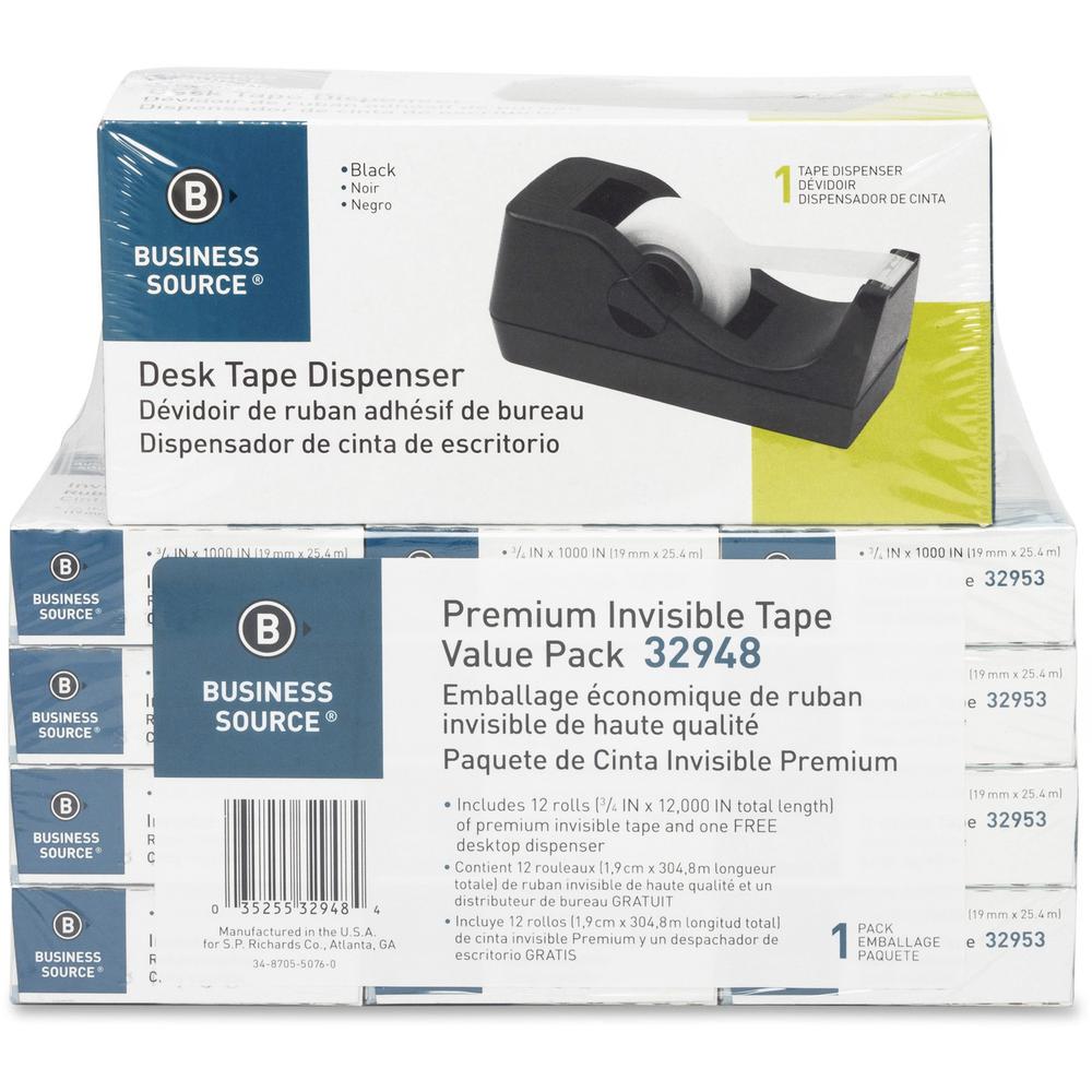 Business Source Invisible Tape Dispenser Value Pack - 27.78 yd Length x 0.75" Width - 1" Core - Acetate - Dispenser Included - Desktop Dispenser - For Multi Surface, Mending, Splicing, Holding - 12 / . Picture 1