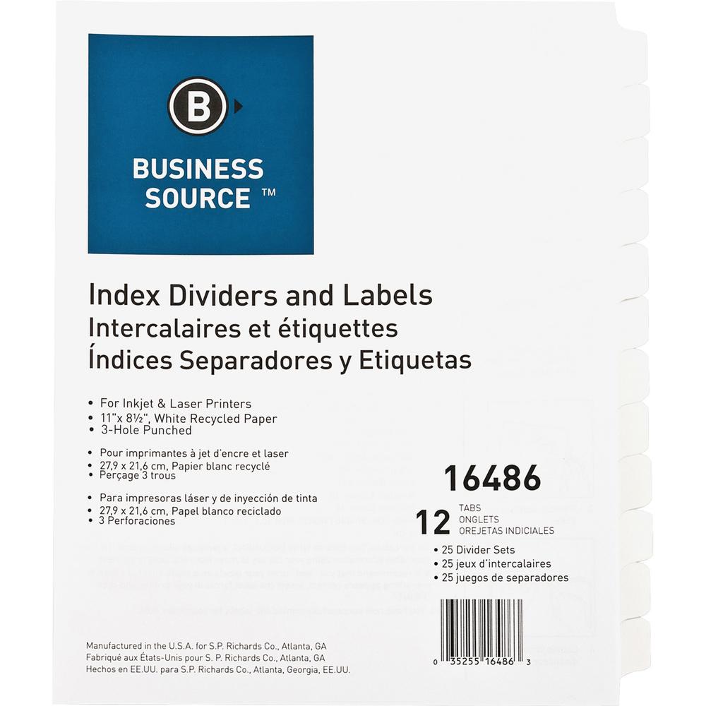 Business Source Customize 12-Tab Index Dividers - 12 x Divider(s) - 12 Print-on Tab(s) - 8.3" Divider Width - 3 Hole Punched - White Divider - White Tab(s) - Recycled - Punched, Mylar Reinforcement - . Picture 1