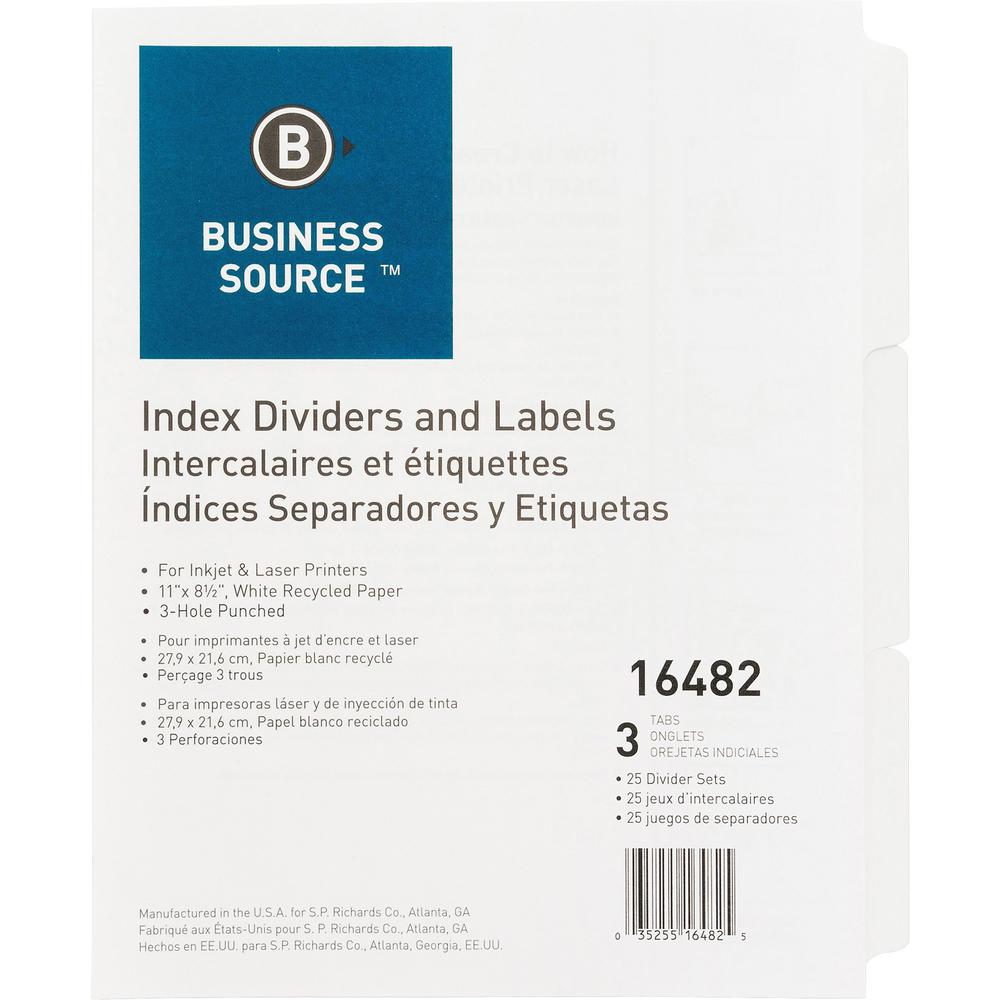 Business Source 3-Hole Punched Laser Index Tabs - 3 Tab(s) - 8.5" Divider Width x 11" Divider Length - Letter - 3 Hole Punched - White Tab(s) - Recycled - Punched, Mylar Reinforcement - 25 / Box. Picture 1