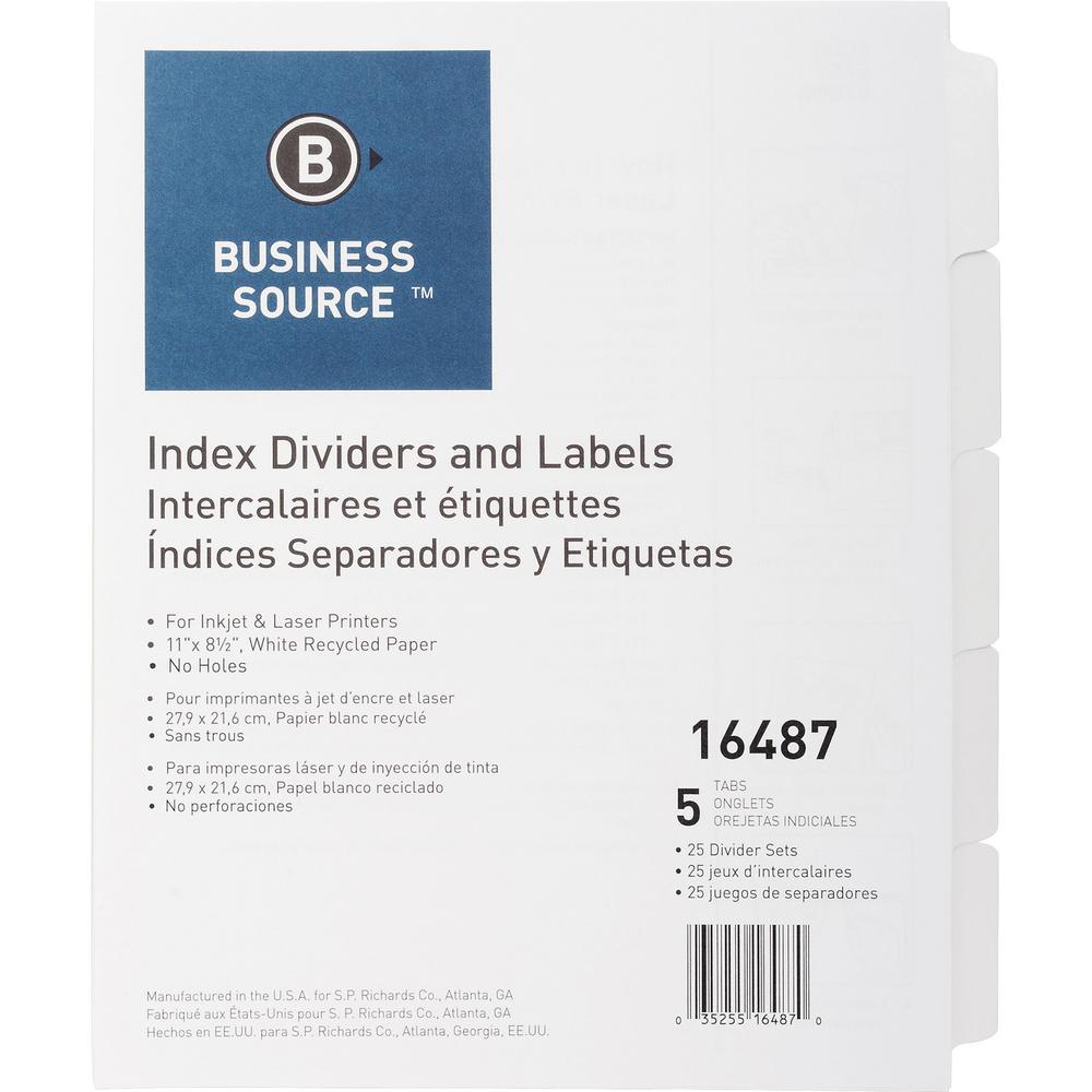 Business Source Un-punched Index Dividers Set - 5 x Divider(s) - Blank Tab(s) - 5 Tab(s)/Set - White Divider - White Tab(s) - Recycled - Unpunched - 25 / Box. Picture 1