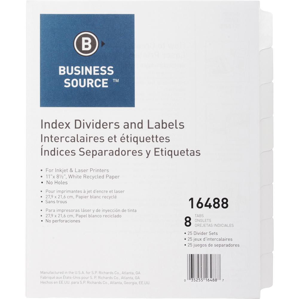 Business Source Unpunched Index Dividers Set - 8 Blank Tab(s) - 8.5" Divider Width x 11" Divider Length - Letter - White Tab(s) - Recycled - Unpunched - 25 / Box. Picture 1
