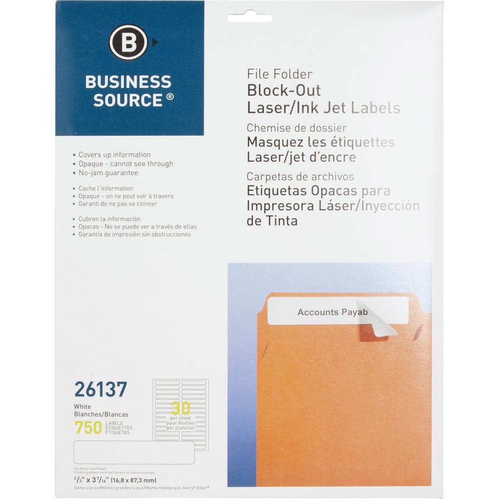 Business Source Block-out File Folder Labels - 3 7/16" Length - Permanent Adhesive - Laser, Inkjet - White - 30 / Sheet - 750 / Pack - Lignin-free. Picture 1