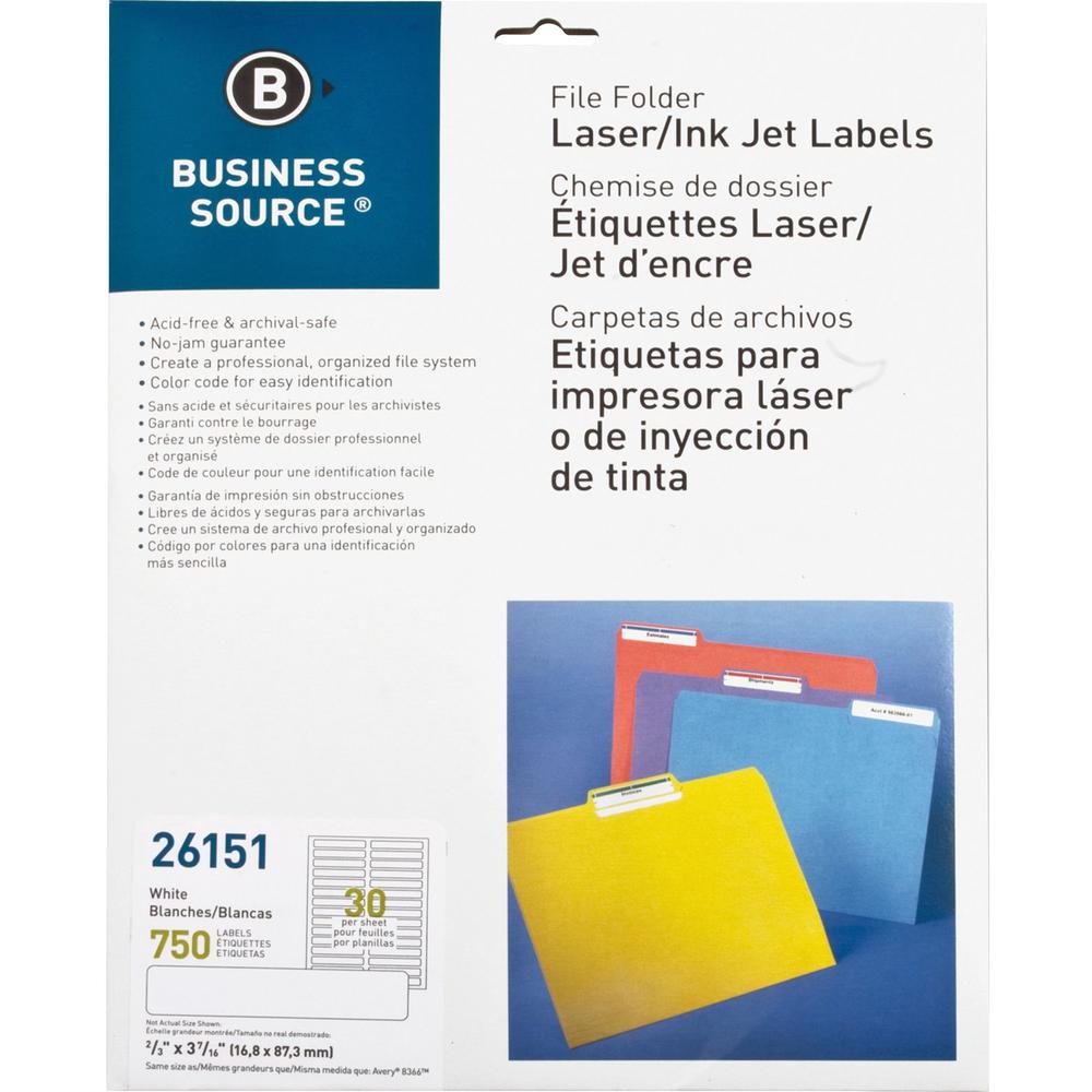 Business Source Laser/Inkjet Permanent File Folder Labels - 43/64" x 3 7/16" Length - Permanent Adhesive - Rectangle - Laser, Inkjet - White - 30 / Sheet - 750 / Pack. The main picture.