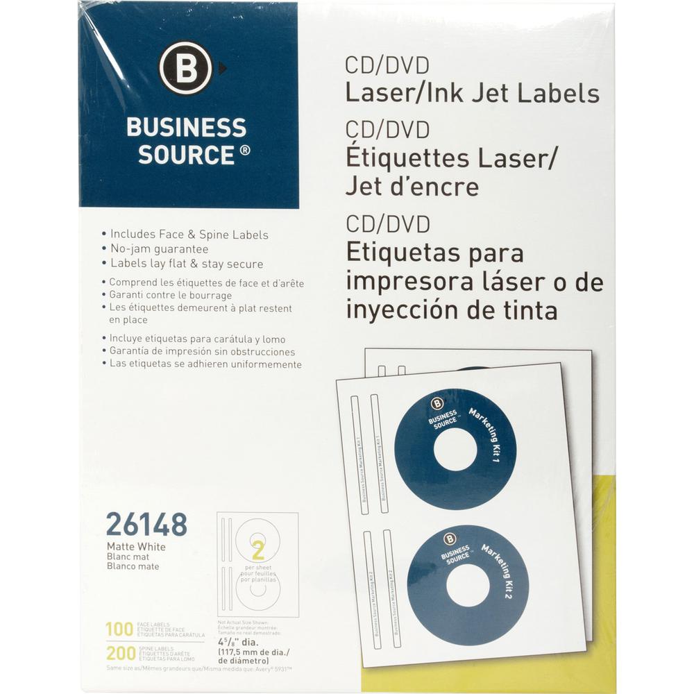 Business Source CD/DVD Labels - - Height4 5/8" Diameter - Permanent Adhesive - Circle - Inkjet, Laser - White - 100 / Pack - Lignin-free, Smudge Resistant. Picture 1