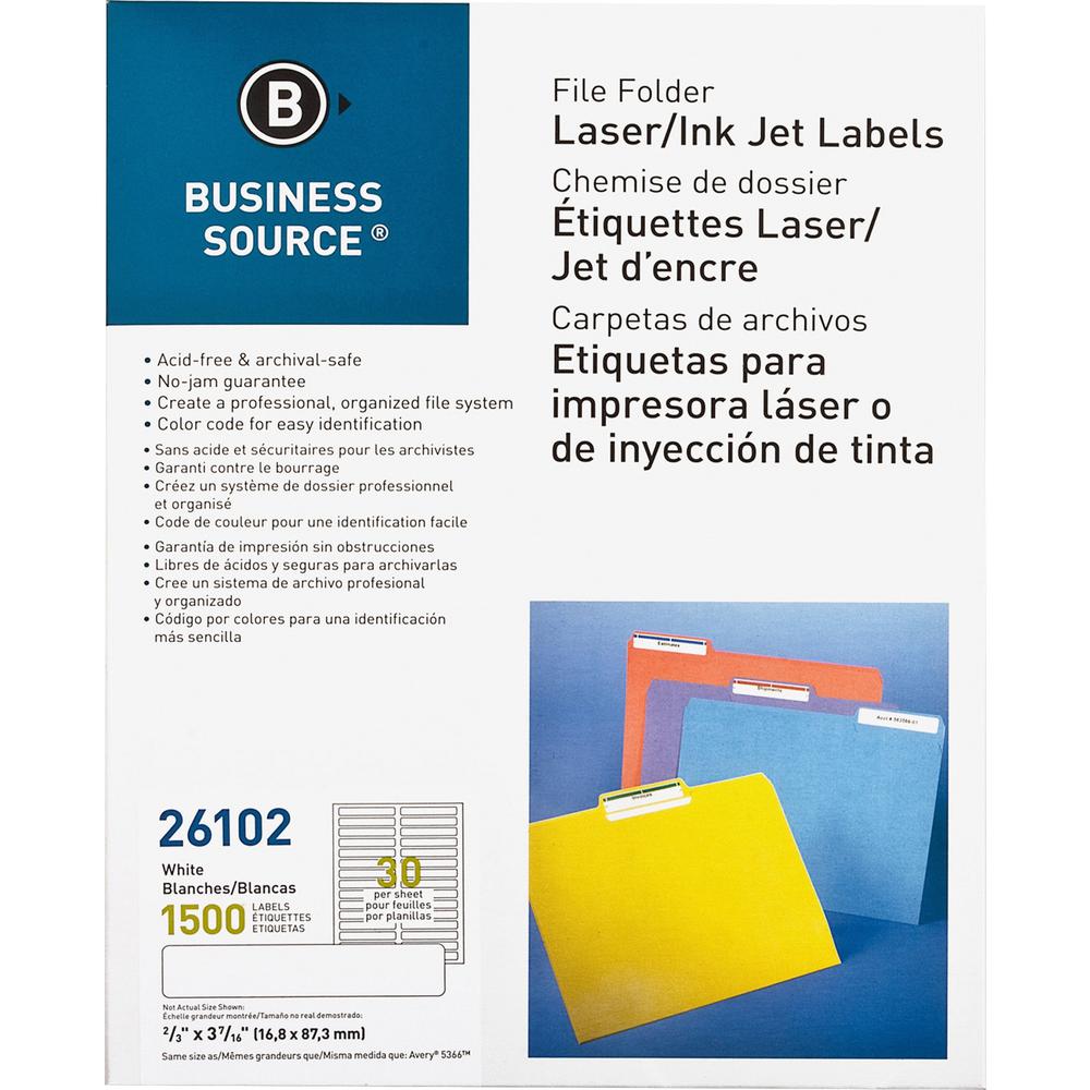 Business Source Laser/Inkjet File Folder Labels - 21/32" Width x 3 7/16" Length - Permanent Adhesive - Rectangle - Laser, Inkjet - White - Paper - 30 / Sheet - 1500 / Pack - Jam-free, Lignin-free, Sel. Picture 1